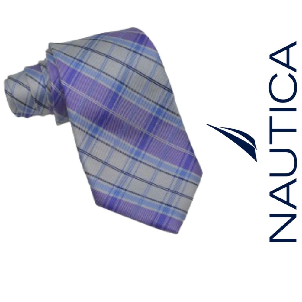Nautica 100% Silk Plaid Purple Lavender Blue Beige Necktie Tie